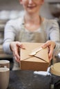 Close Up Of Female Worker in Cafe Serving Meal In Sustainable Recyclable Packaging With Wooden Fork