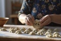 A close-up of feminine hands crafting manti, an iconic Asian delicacy. A national dish from the East. Generative AI