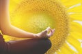 Close-up of feminine and masculine arms and crossed legs during meditation with nature.