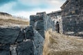 Close up fence stone wall surface with cement on yard concept photo Royalty Free Stock Photo