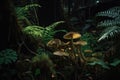 close-up of ferns and mushrooms in dark rainforest