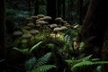 close-up of ferns and mushrooms in dark rainforest