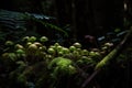 close-up of ferns and mushrooms in dark rainforest