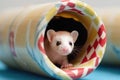 close-up of ferret peeking from play tube