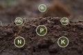 Close up fertile loamy soil for planting on spoon with 16 digital nutrients icon which necessary in plant life.