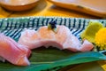 close up fesh sliced raw tuna or Otoro or Fatty Tuna sushi on the dish. Japanese traditional food. Royalty Free Stock Photo