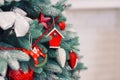 Close up festive decorated christmas tree with colorful bright toys. Royalty Free Stock Photo