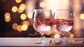 Close up of festive pink champagne glasses with bokeh lights and sparkling background