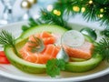 Close-Up of a Festive Plate Featuring Small Snack with Salmon and Cucumber, Adorned with Christmas Trees.