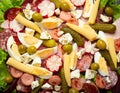 Close up of Fiambre, salad of Guatemala, Mexico and Latin America top view with cold cuts and seasonal pickled