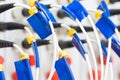 Close up fiber optic in server room , network cables installed in the rack Abstract image for use as a background Royalty Free Stock Photo