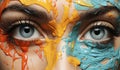 Close-up of a fictitious female with face painted with paint of various colors. AI generated
