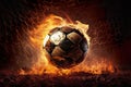 Close up of a fiery soccer ball kicked with power at the stadium Royalty Free Stock Photo
