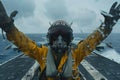 Close-up of fighter jet pilot in flight gear sitting in a cockpit. Airplane just landed on an aircraft carrier deck and Royalty Free Stock Photo