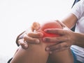 Close-up of finger, hand massage on leg from knee pain, muscle inflammation and aches bones and joint Royalty Free Stock Photo