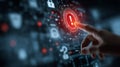 A Close-Up of a Finger Touching a Warning Symbol on a Modern Digital Interface with Security and Data Elements Royalty Free Stock Photo