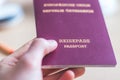 Passport vacation concept: Close up of fingers holding a passport, arrival or departure, Ã¢â¬ÅReisepass Passport