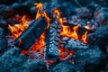 A close up of a fire burning in a pile of charcoal. Generative AI Royalty Free Stock Photo