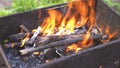 Close up of fire on chargrill. Dry sticks smoulder. Concept of cooking on grill