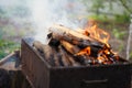 Close up of fire on chargrill. Dry sticks smoulder. Concept of cooking on grill