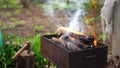 Close up of fire on chargrill. Dry sticks smoulder. Concept of cooking on grill.