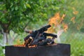 Close up of fire on chargrill. Dry sticks smoulder. Concept of cooking on grill