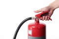 Close- up Fire extinguisher and catch on red tank. Royalty Free Stock Photo