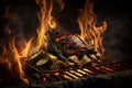 Close-up of Fire-Grilled Roasted Food. AI