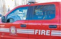 Close up of FIRE sign on the front of a fire servise vehicle. Fire rescue service vehicle of a Langley BC department