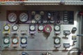 Close-up fire truck equipment detail. Fire control panel, dials and dashboard