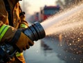 Close-up of Firefighter\'s Hands in Protective Gloves Directing Intense Water Stream with Backlit Golden Sunlight Royalty Free Stock Photo