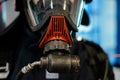 Close up of firefighter wearing oxygen mask. Coronavirus danger zone, fear of being infected. Using respirator