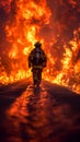 Close-up of a fireman running with his back from a fire near the road. Natural disasters associated with fire.