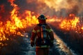 Close-up of a fireman running with his back from a fire near the road. Natural disasters associated with fire.