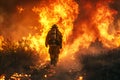 Close-up of a fireman running with his back from a fire near the road. Natural disasters associated with fire.