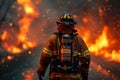 Close-up of a fireman running with his back from a fire near the road. Natural disasters associated with fire.