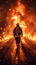 Close-up of a fireman running with his back from a fire near the road. Natural disasters associated with fire.