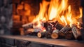 A close up of a fireplace with logs, AI Royalty Free Stock Photo