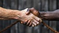 Close-up of a firm handshake between two diverse hands over a rope. Royalty Free Stock Photo
