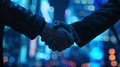 Close-up of a firm handshake between two partners at night, symbol of agreement. business deal handshake in urban Royalty Free Stock Photo