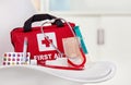 Close-up of a first aid kit in a medical center