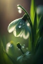 Close-up a first spring flower - snowdrop, with rain or dew drops on it. Generative AI Royalty Free Stock Photo