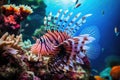 Close Up of a Fish in an Aquarium, Colorful Marine Life in Enclosed Environment, Tropical lionfish swimming near coral reefs,