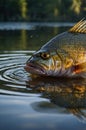 European Perch Rising Above the Surface of a Calm Lake in the Golden Light Royalty Free Stock Photo