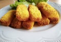 Close up of fish sticks on white plate with hydroponics vegetables on background. Royalty Free Stock Photo