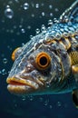 Close-Up Portrait of an Exotic Fish Surrounded by Bubbles in the Deep Blue Sea Royalty Free Stock Photo