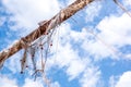 Close up of a fisherman net hanging on a wooden branch Royalty Free Stock Photo