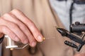 Close up of fisherman tying a fly for fishing. Royalty Free Stock Photo