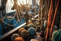 close-up of fishing boats equipment and rigging at sea