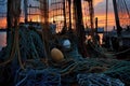 close-up of fishing trawlers nets and ropes at dusk